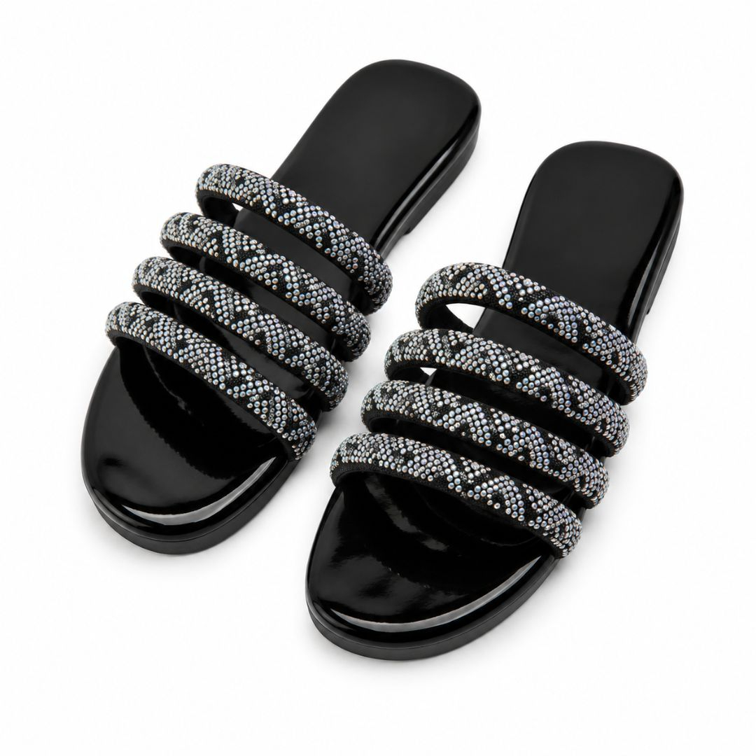 Womens Luxury Rhinestone Multi Strap Flat Slide Sandals (Black)